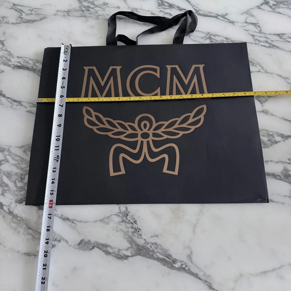 MCM Large Black Paper Shopping Bag Gold Logo Ribbon Handles 20.5x16x8